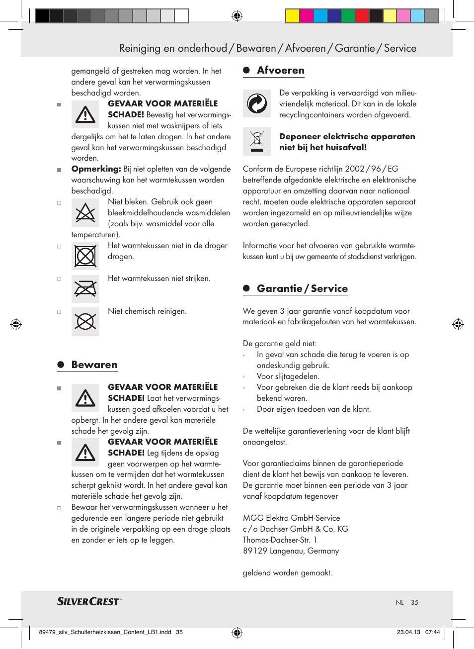 Bewaren, Afvoeren, Garantie / service | Silvercrest SSHK 100 B2 User Manual | Page 35 / 45