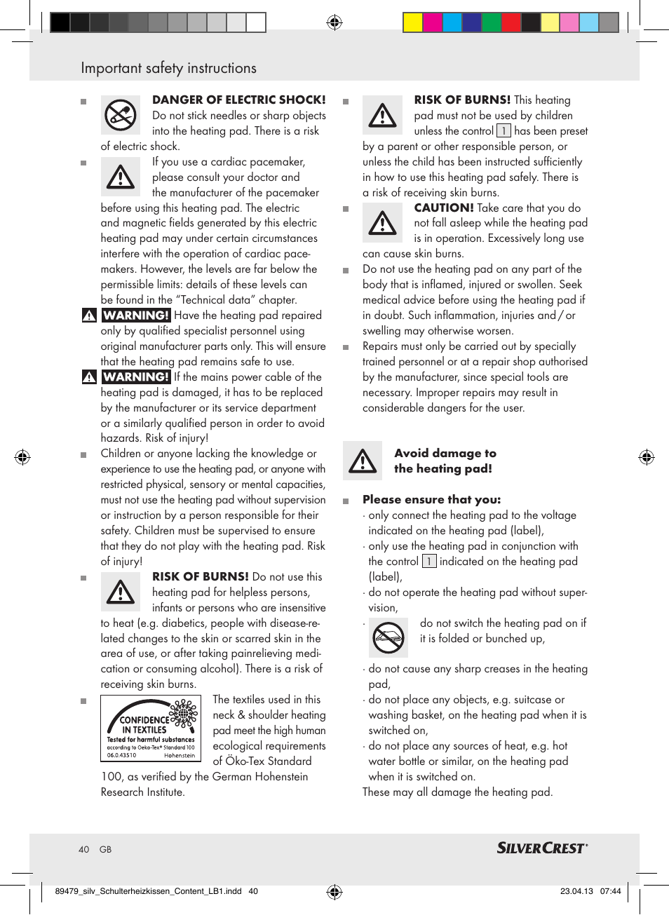 Important safety instructions | Silvercrest SSHK 100 B2 User Manual | Page 40 / 45