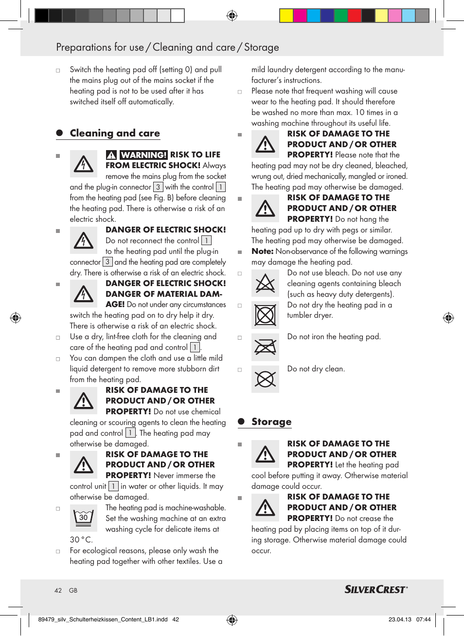Preparations for use / cleaning and care / storage, Cleaning and care, Storage | Silvercrest SSHK 100 B2 User Manual | Page 42 / 45