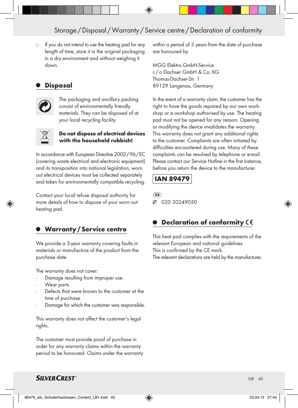 Disposal, Warranty / service centre, Declaration of conformity | Silvercrest SSHK 100 B2 User Manual | Page 43 / 45