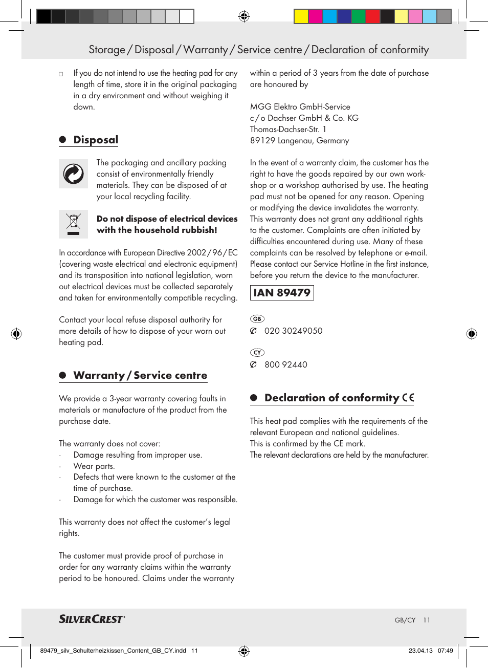 Disposal, Warranty / service centre, Declaration of conformity | Silvercrest SSHK 100 B2 User Manual | Page 11 / 21