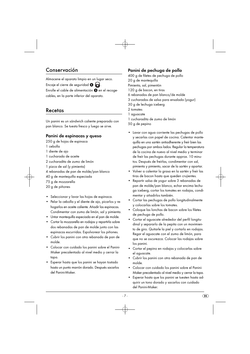 Conservación, Recetas, Panini de espinacas y queso | Panini de pechuga de pollo | Silvercrest SPM 2000 A2 User Manual | Page 10 / 51