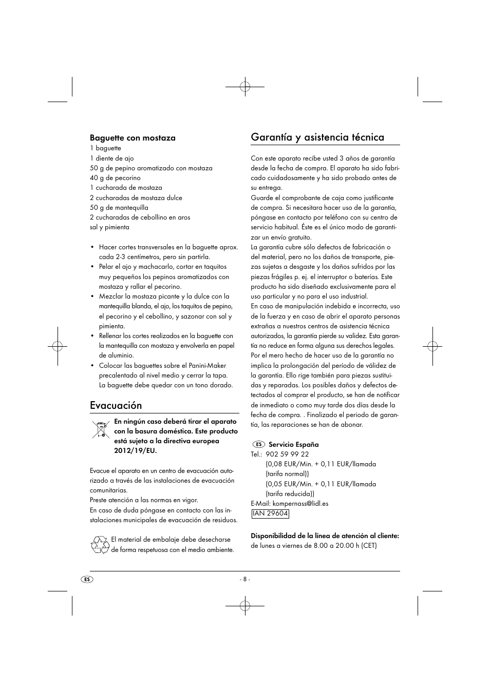 Evacuación, Garantía y asistencia técnica, Baguette con mostaza | Silvercrest SPM 2000 A2 User Manual | Page 11 / 51