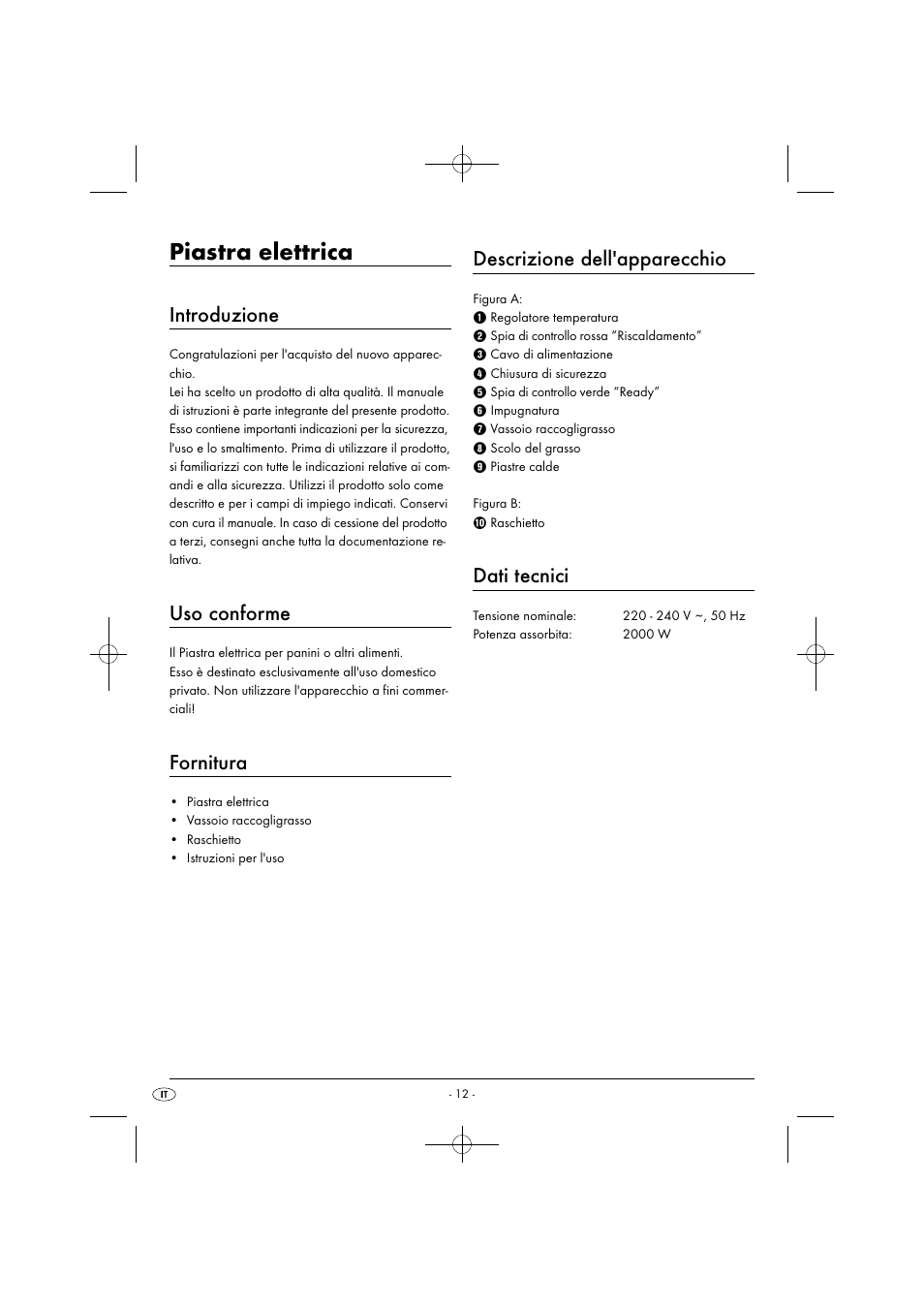 Piastra elettrica, Introduzione, Uso conforme | Fornitura, Descrizione dell'apparecchio, Dati tecnici | Silvercrest SPM 2000 A2 User Manual | Page 15 / 51