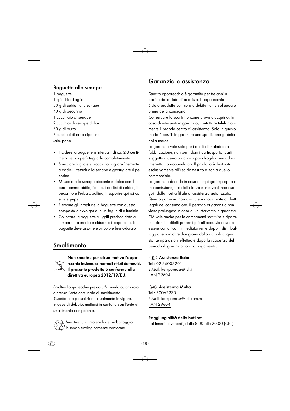 Smaltimento, Garanzia e assistenza, Baguette alla senape | Silvercrest SPM 2000 A2 User Manual | Page 21 / 51