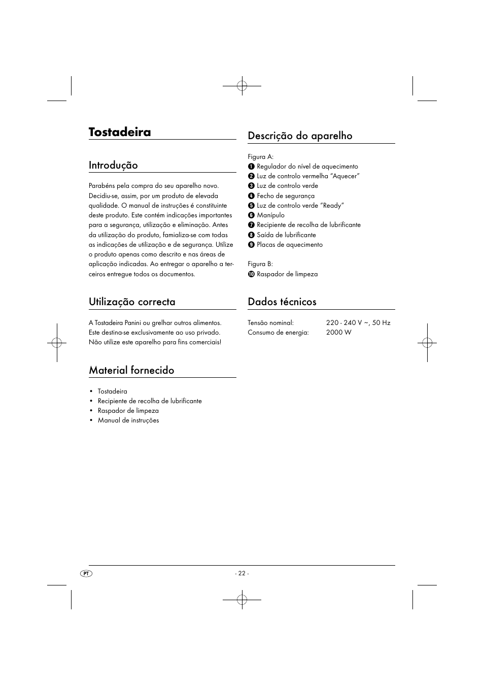 Tostadeira, Introdução, Utilização correcta | Material fornecido, Descrição do aparelho, Dados técnicos | Silvercrest SPM 2000 A2 User Manual | Page 25 / 51