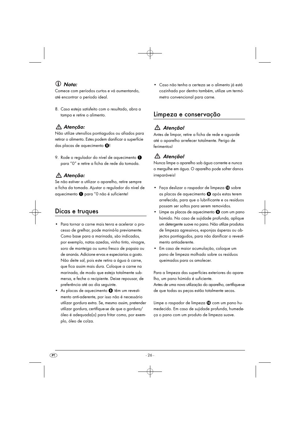 Dicas e truques, Limpeza e conservação, Nota | Atenção | Silvercrest SPM 2000 A2 User Manual | Page 29 / 51