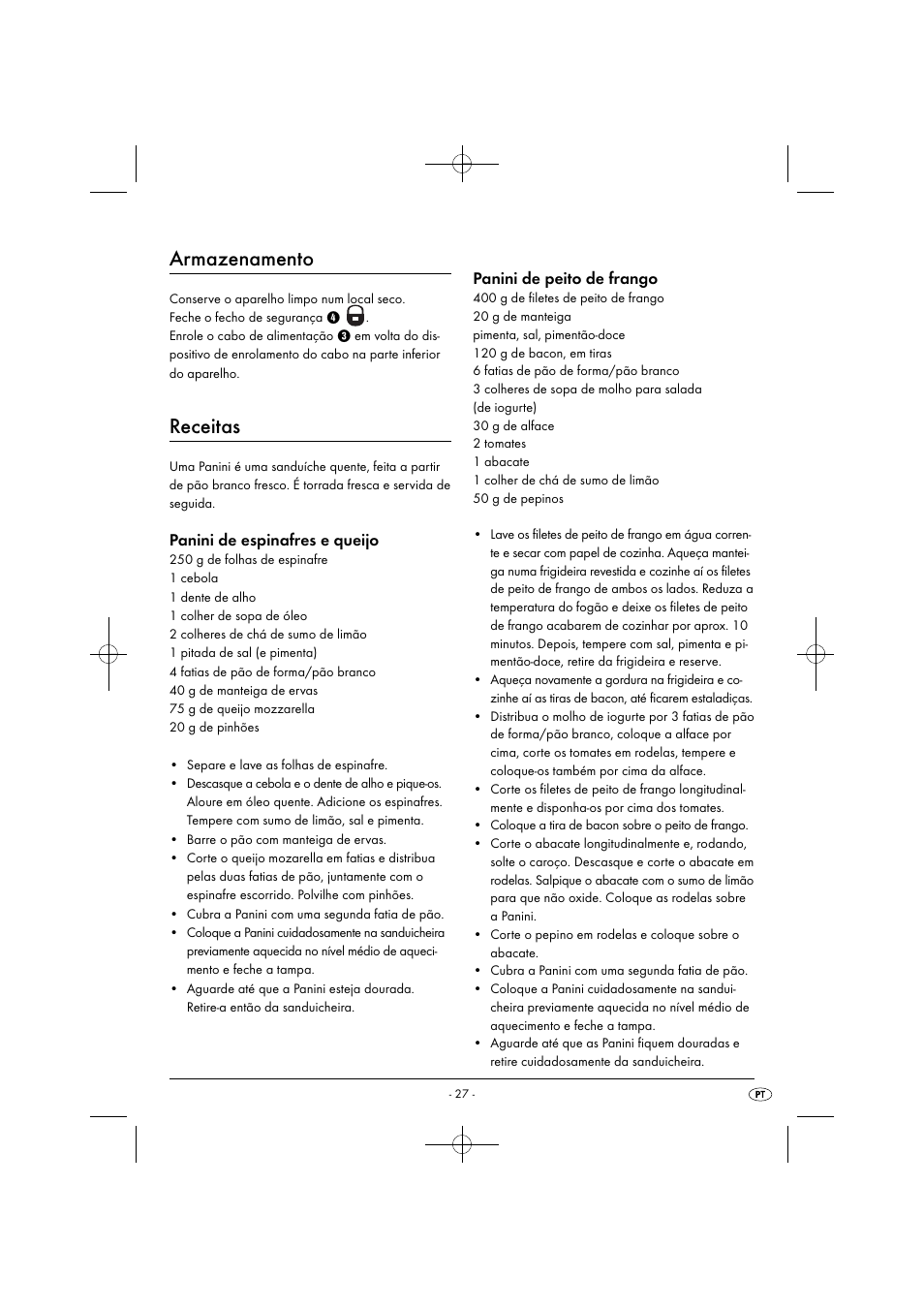 Armazenamento, Receitas, Panini de espinafres e queijo | Panini de peito de frango | Silvercrest SPM 2000 A2 User Manual | Page 30 / 51