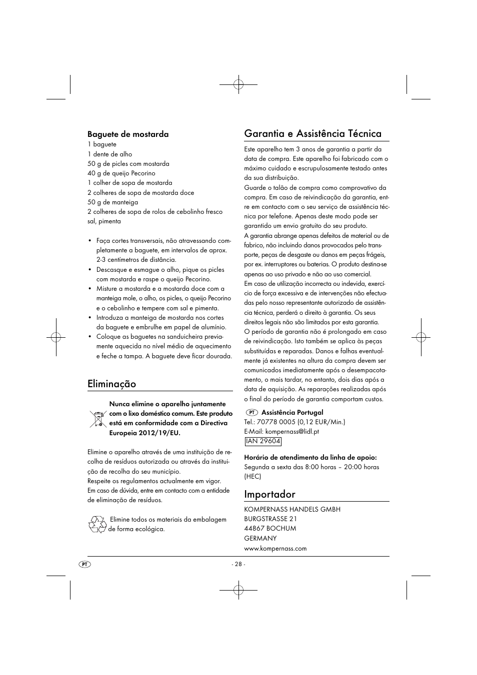 Eliminação, Garantia e assistência técnica, Importador | Baguete de mostarda | Silvercrest SPM 2000 A2 User Manual | Page 31 / 51