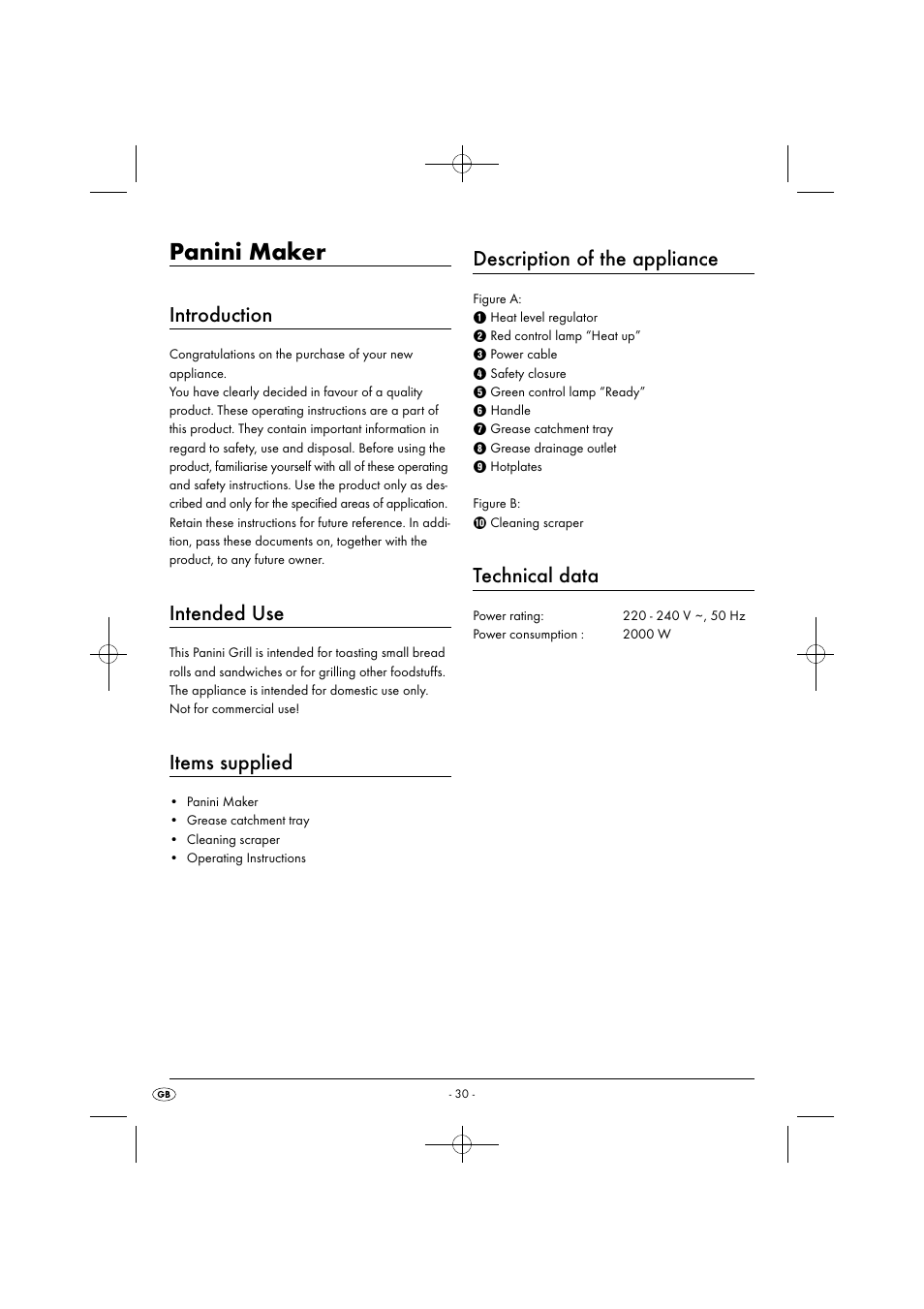 Panini maker, Introduction, Intended use | Items supplied, Description of the appliance, Technical data | Silvercrest SPM 2000 A2 User Manual | Page 33 / 51