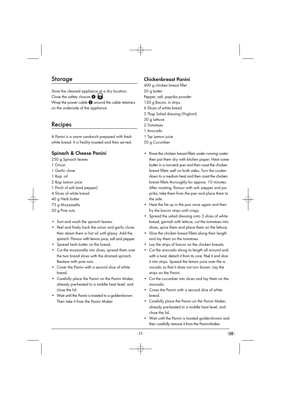 Storage, Recipes, Spinach & cheese panini | Chickenbreast panini | Silvercrest SPM 2000 A2 User Manual | Page 38 / 51