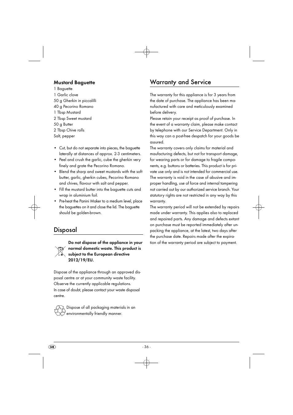 Disposal, Warranty and service, Mustard baguette | Silvercrest SPM 2000 A2 User Manual | Page 39 / 51