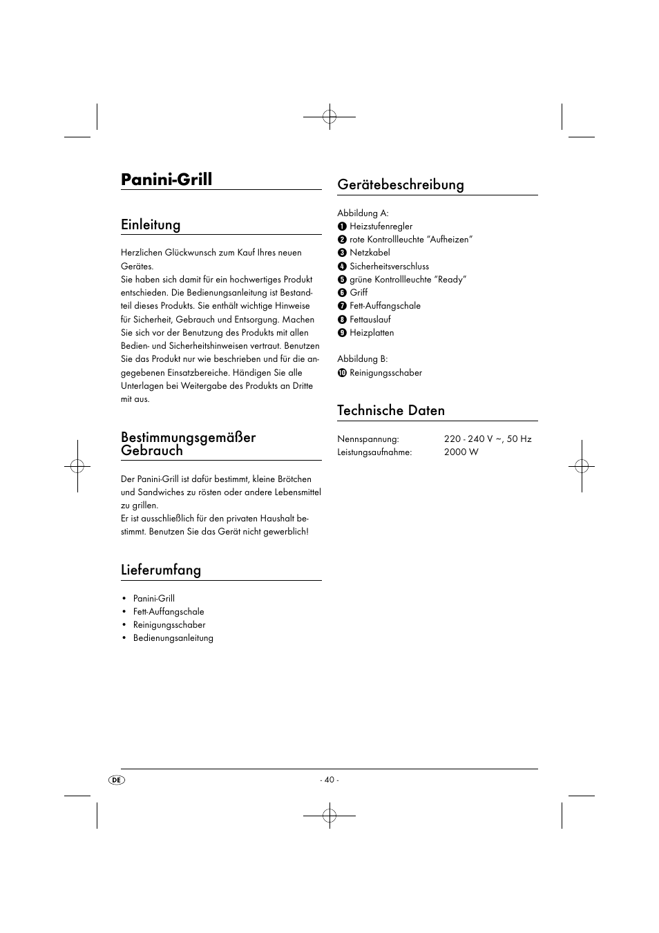 Panini-grill, Einleitung, Bestimmungsgemäßer gebrauch | Lieferumfang, Gerätebeschreibung, Technische daten | Silvercrest SPM 2000 A2 User Manual | Page 43 / 51