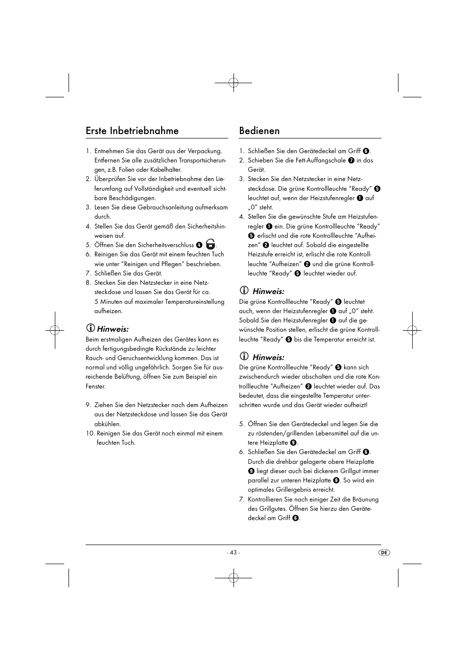 Erste inbetriebnahme, Bedienen, Hinweis | Silvercrest SPM 2000 A2 User Manual | Page 46 / 51