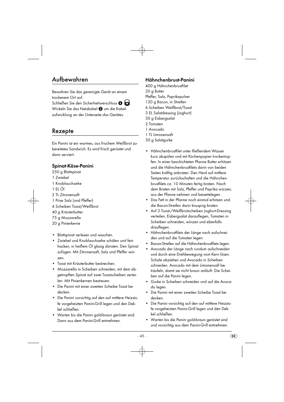 Aufbewahren, Rezepte, Spinat-käse-panini | Hähnchenbrust-panini | Silvercrest SPM 2000 A2 User Manual | Page 48 / 51