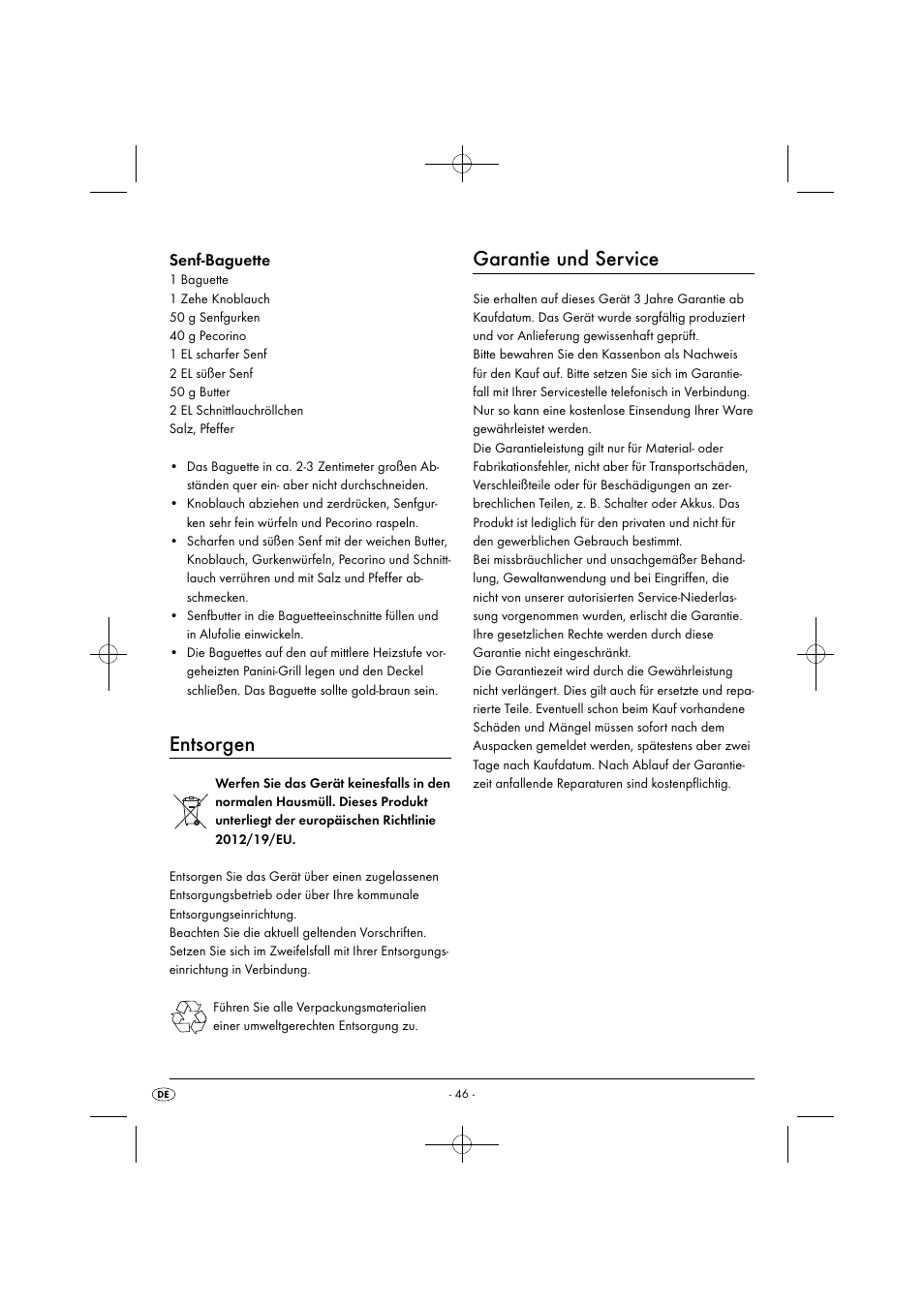 Entsorgen, Garantie und service, Senf-baguette | Silvercrest SPM 2000 A2 User Manual | Page 49 / 51