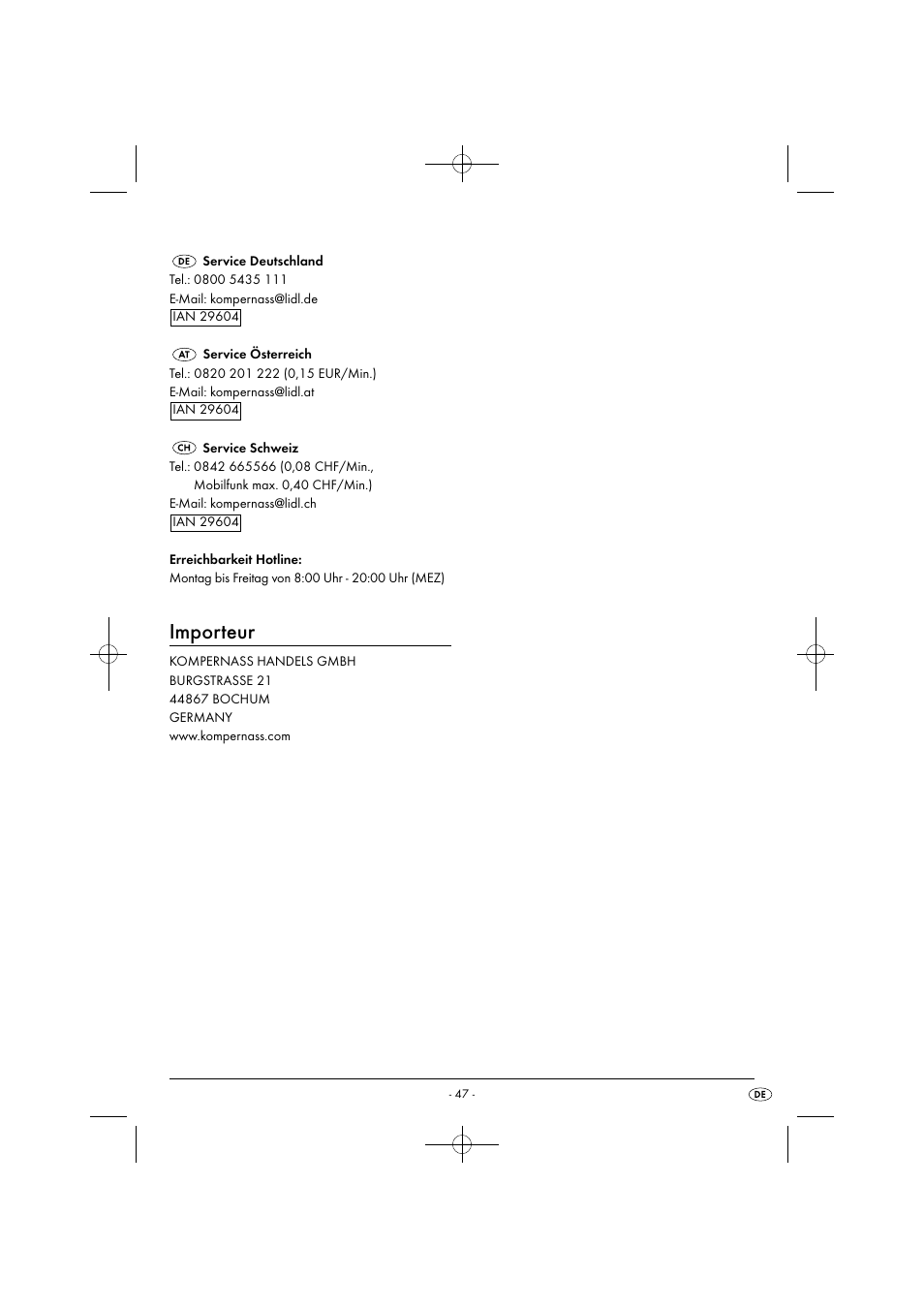 Importeur | Silvercrest SPM 2000 A2 User Manual | Page 50 / 51