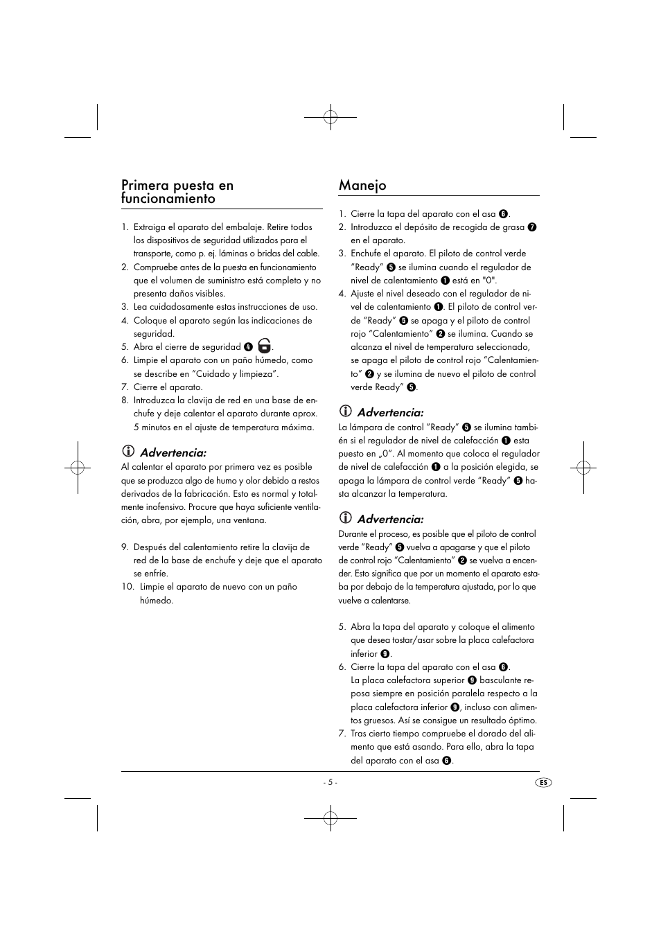 Primera puesta en funcionamiento, Manejo, Advertencia | Silvercrest SPM 2000 A2 User Manual | Page 8 / 51