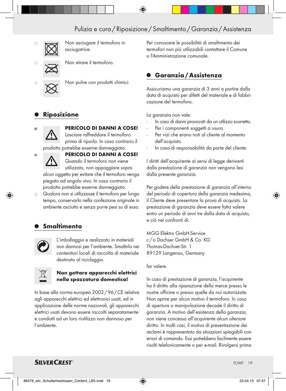 Riposizione, Smaltimento, Garanzia / assistenza | Silvercrest SSHK 100 B2 User Manual | Page 19 / 45