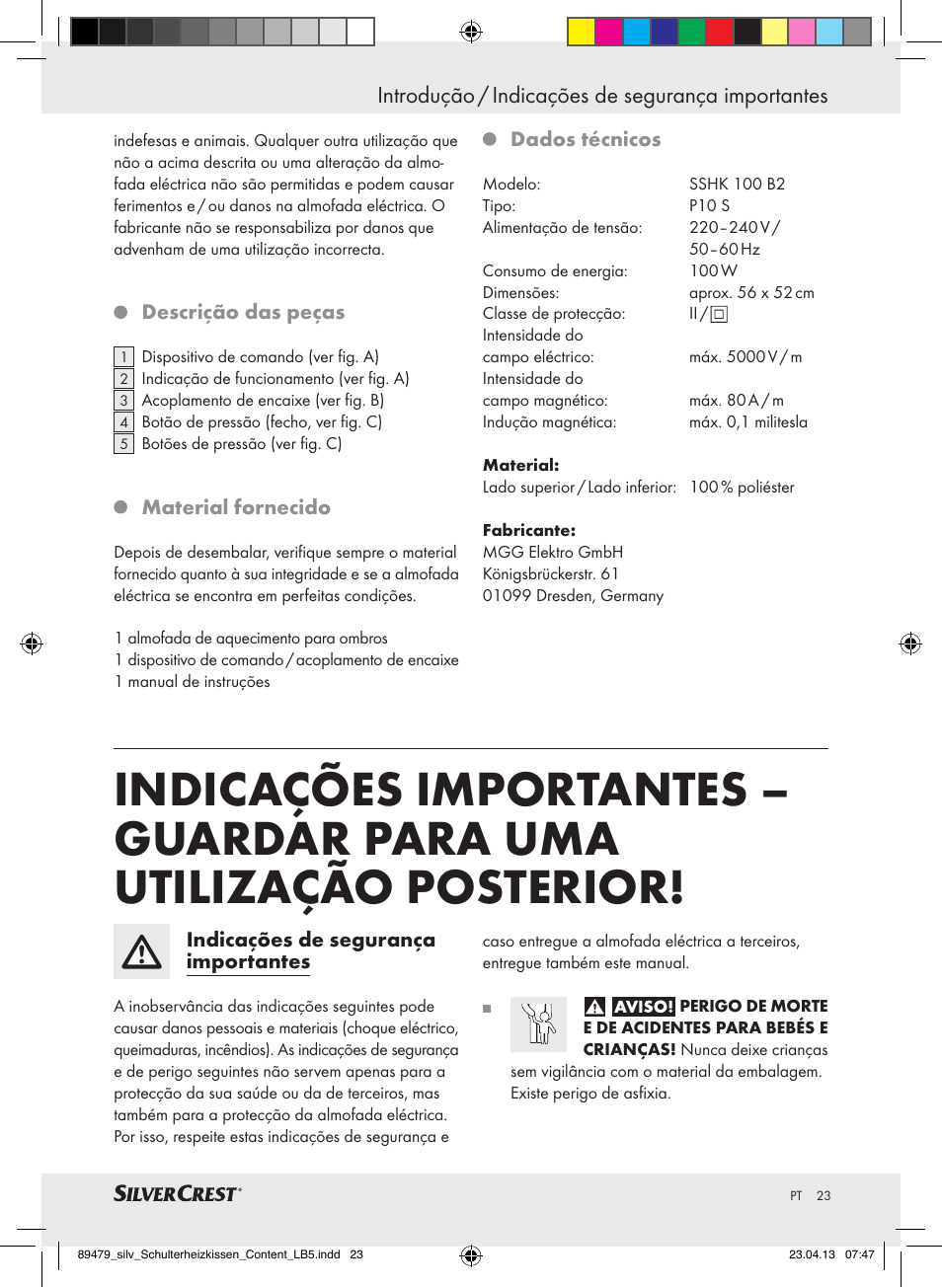 Introdução / indicações de segurança importantes | Silvercrest SSHK 100 B2 User Manual | Page 23 / 45