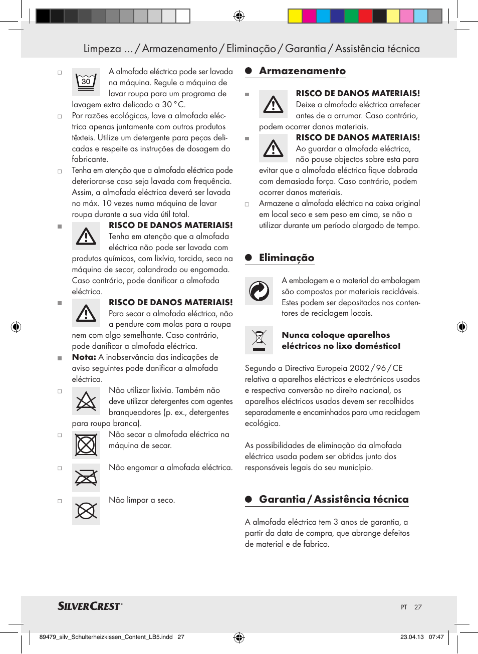 Armazenamento, Eliminação, Garantia / assistência técnica | Silvercrest SSHK 100 B2 User Manual | Page 27 / 45
