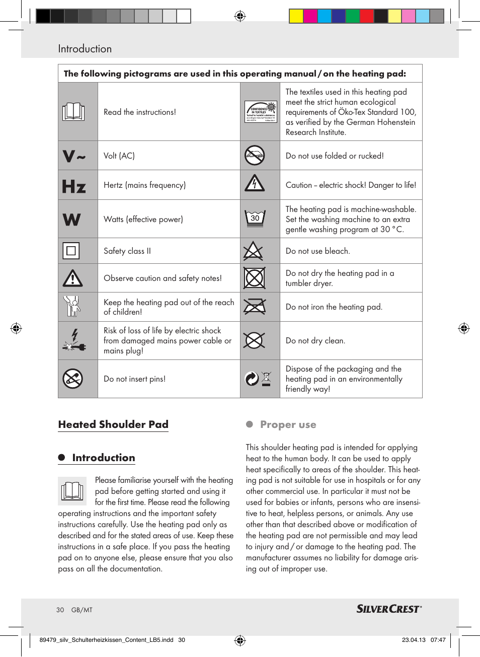 Introduction, Heated shoulder pad introduction, Proper use | Silvercrest SSHK 100 B2 User Manual | Page 30 / 45