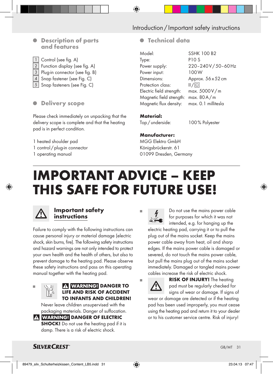 Important advice – keep this safe for future use, Introduction / important safety instructions | Silvercrest SSHK 100 B2 User Manual | Page 31 / 45