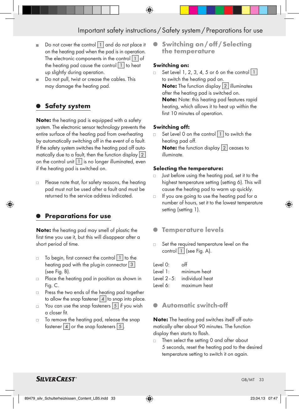 Safety system, Preparations for use, Switching on / off / selecting the temperature | Temperature levels, Automatic switch-off | Silvercrest SSHK 100 B2 User Manual | Page 33 / 45