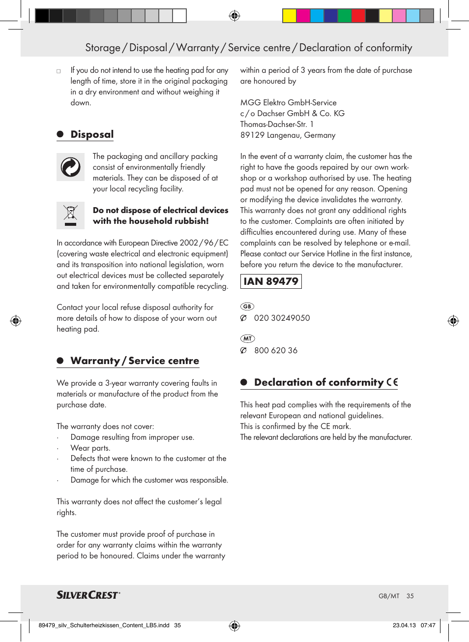 Disposal, Warranty / service centre, Declaration of conformity | Silvercrest SSHK 100 B2 User Manual | Page 35 / 45