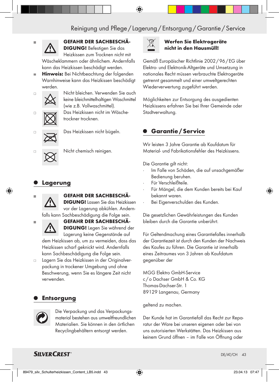 Lagerung, Entsorgung, Garantie / service | Silvercrest SSHK 100 B2 User Manual | Page 43 / 45