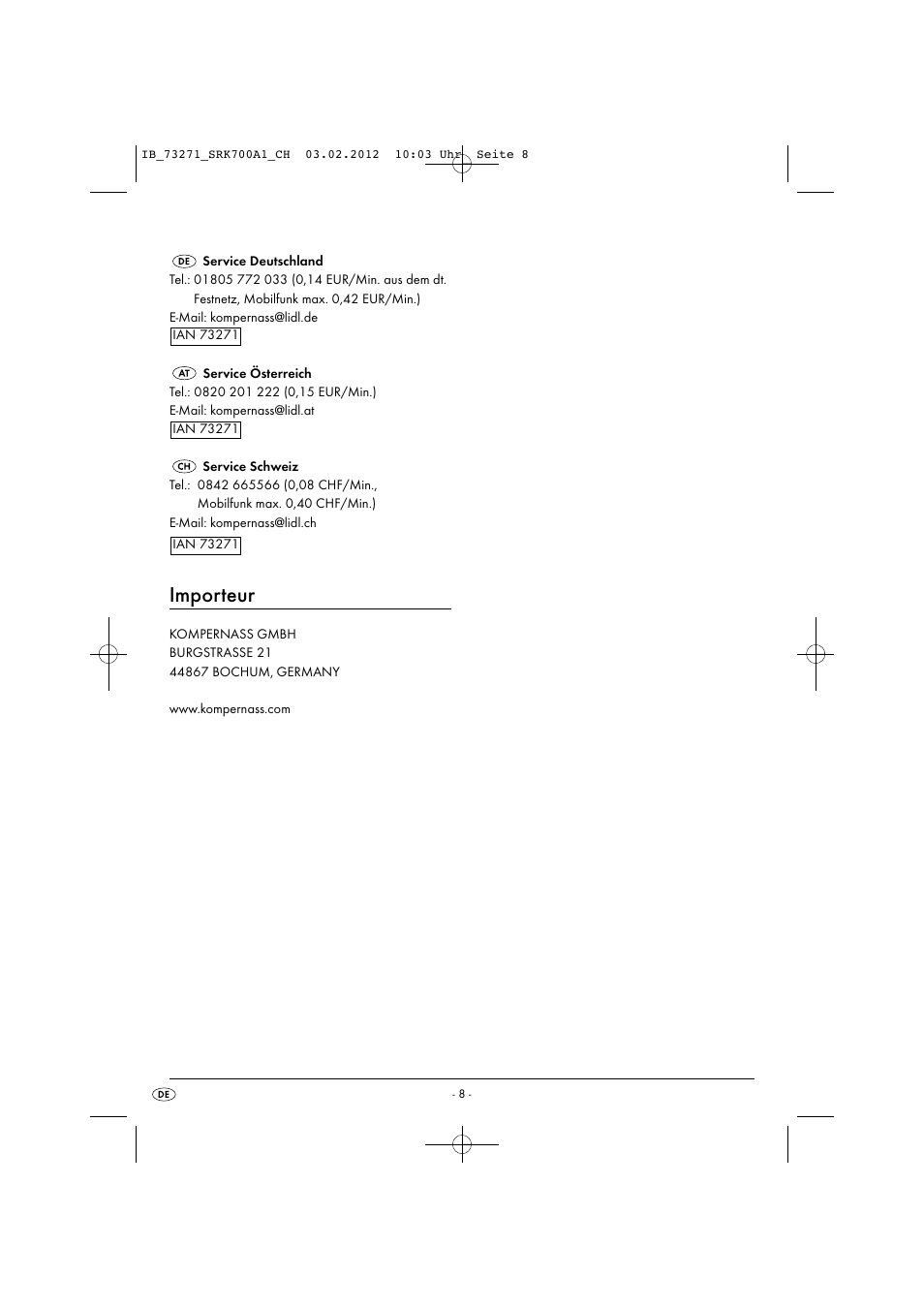 Importeur | Silvercrest SRK 700 A1 User Manual | Page 10 / 33