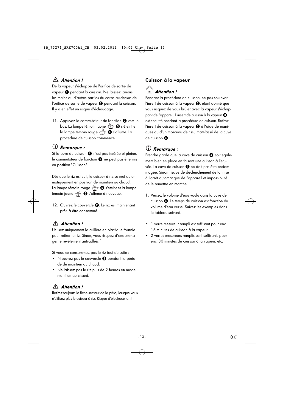 Attention, Remarque, Cuisson à la vapeur attention | Silvercrest SRK 700 A1 User Manual | Page 15 / 33
