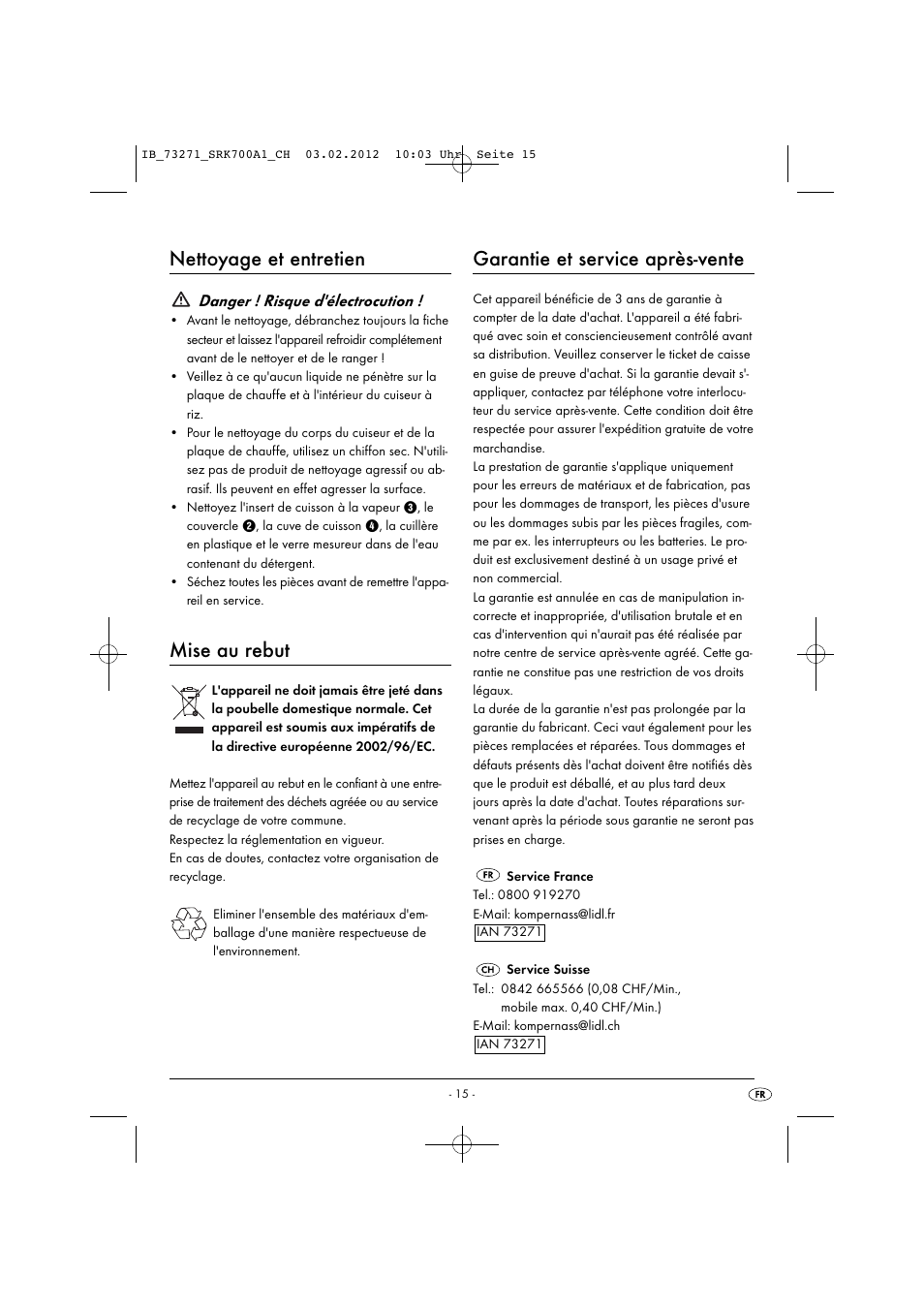 Nettoyage et entretien, Mise au rebut, Garantie et service après-vente | Danger ! risque d'électrocution | Silvercrest SRK 700 A1 User Manual | Page 17 / 33