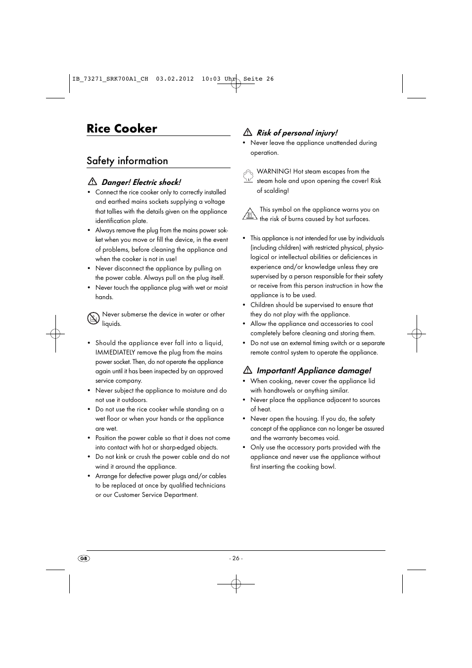 Rice cooker, Safety information, Danger! electric shock | Risk of personal injury, Important! appliance damage | Silvercrest SRK 700 A1 User Manual | Page 28 / 33
