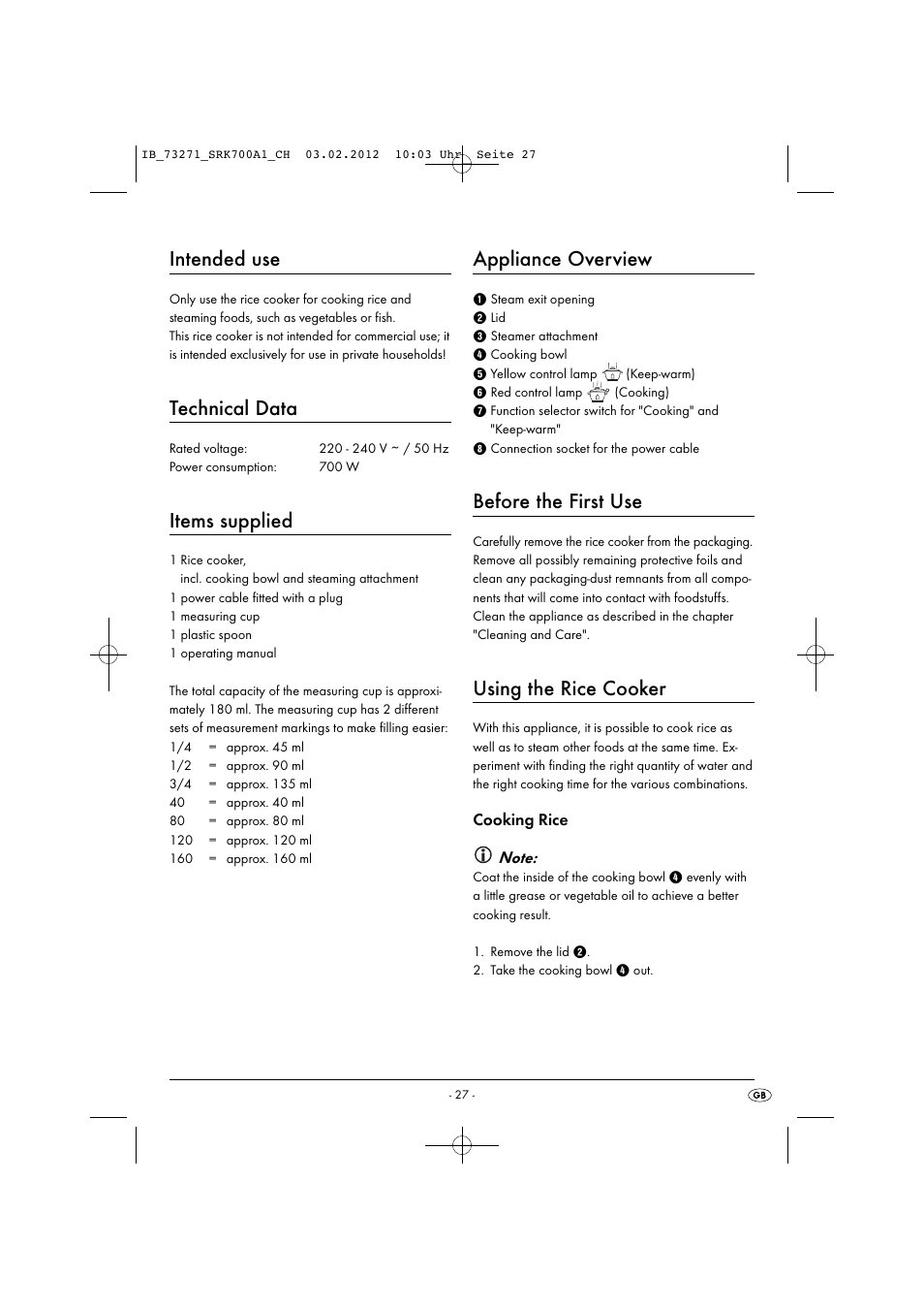 Intended use, Technical data, Items supplied | Appliance overview, Before the first use, Using the rice cooker | Silvercrest SRK 700 A1 User Manual | Page 29 / 33