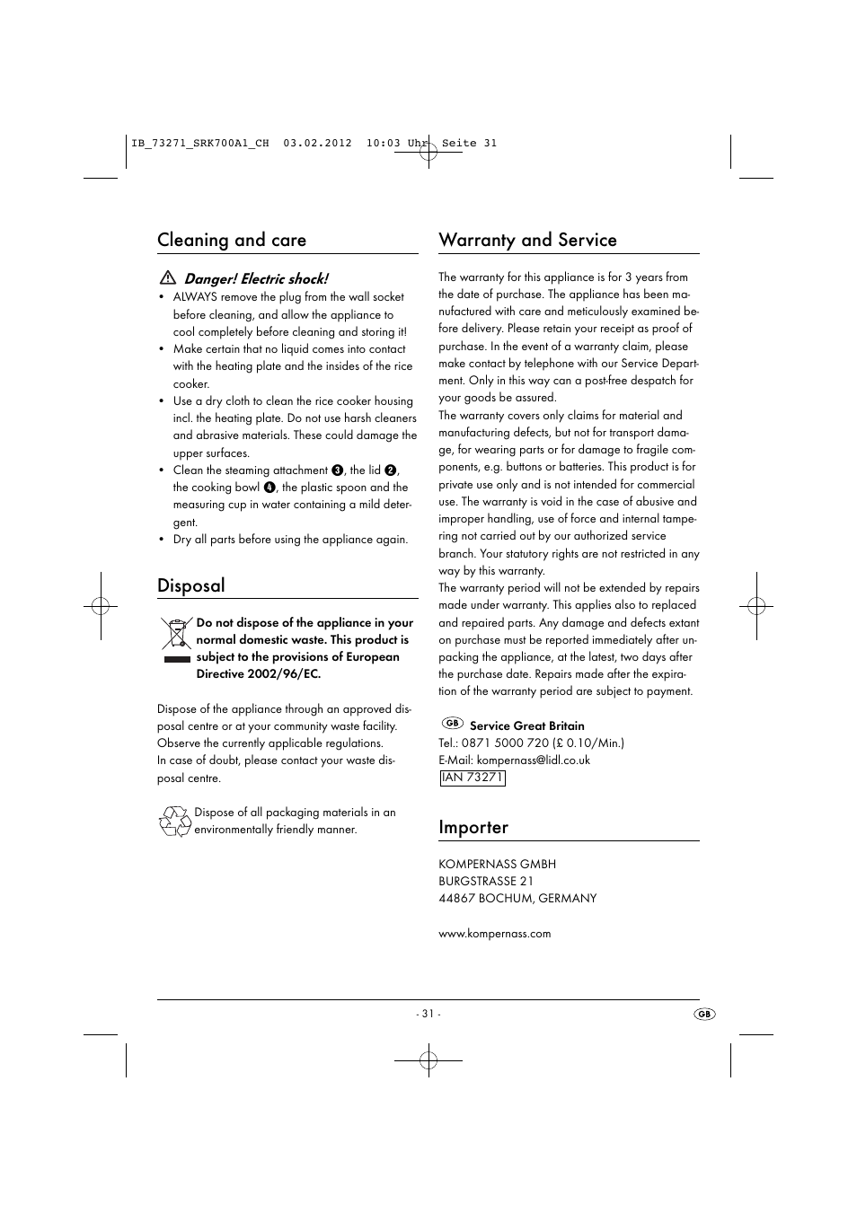 Cleaning and care, Disposal, Warranty and service | Importer | Silvercrest SRK 700 A1 User Manual | Page 33 / 33