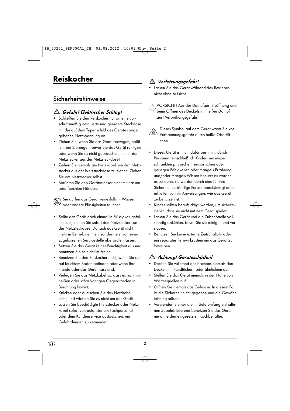 Reiskocher, Sicherheitshinweise, Gefahr! elektrischer schlag | Verletzungsgefahr, Achtung! geräteschäden | Silvercrest SRK 700 A1 User Manual | Page 4 / 33