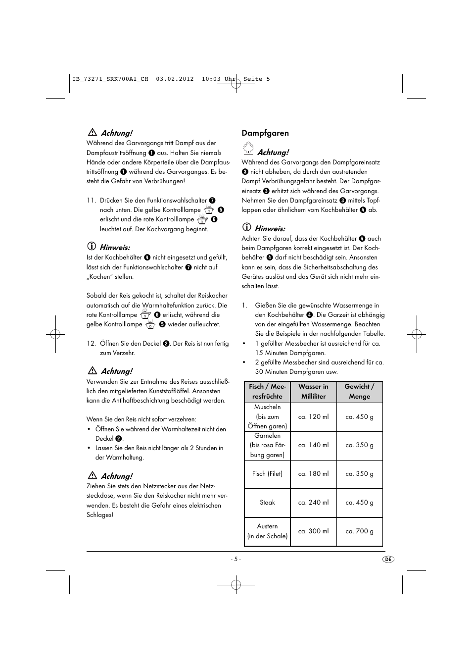 Achtung, Hinweis, Dampfgaren achtung | Silvercrest SRK 700 A1 User Manual | Page 7 / 33