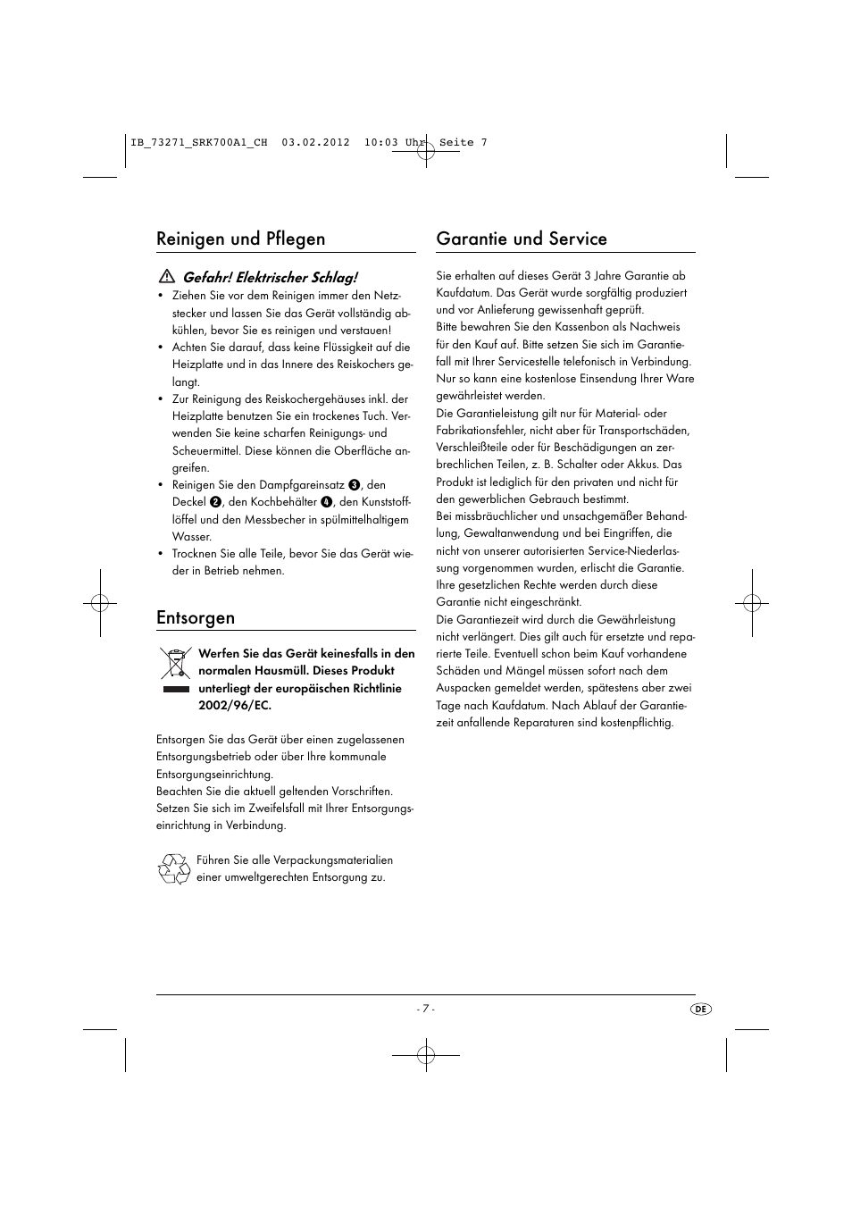 Reinigen und pflegen, Entsorgen, Garantie und service | Silvercrest SRK 700 A1 User Manual | Page 9 / 33