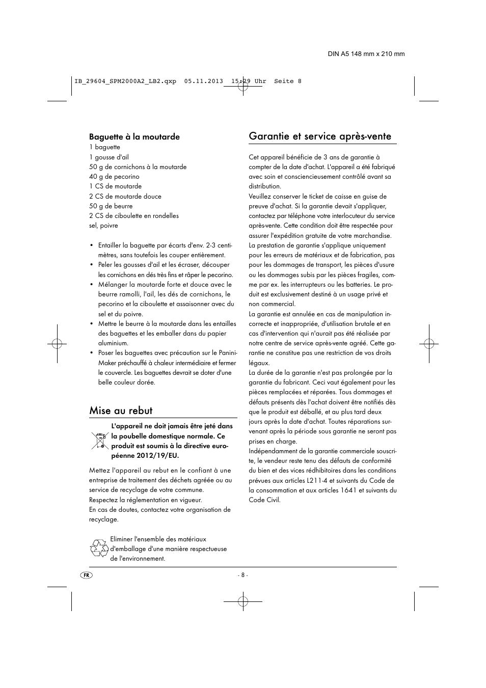 Mise au rebut, Garantie et service après-vente, Baguette à la moutarde | Silvercrest SPM 2000 A2 User Manual | Page 11 / 32