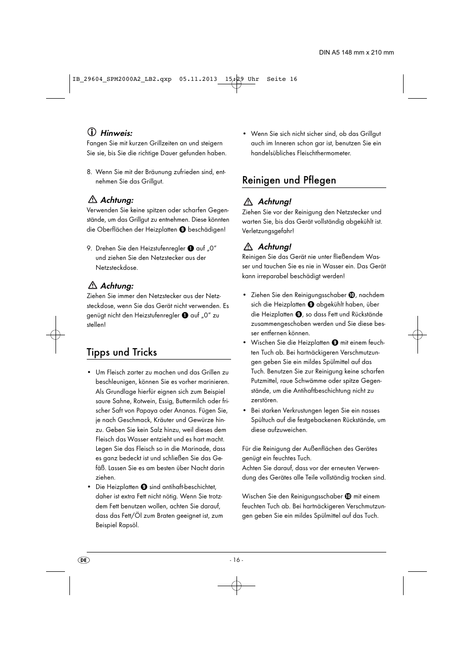 Tipps und tricks, Reinigen und pflegen, Hinweis | Achtung | Silvercrest SPM 2000 A2 User Manual | Page 19 / 32