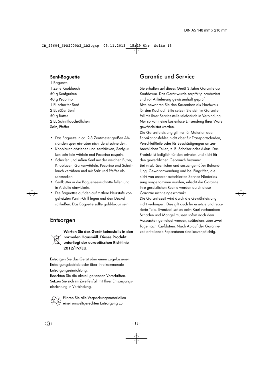 Entsorgen, Garantie und service, Senf-baguette | Silvercrest SPM 2000 A2 User Manual | Page 21 / 32