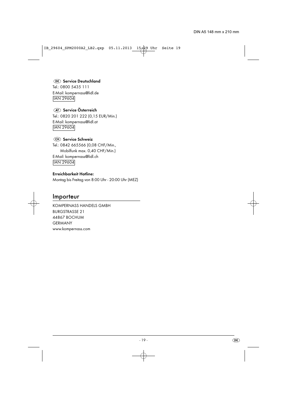 Importeur | Silvercrest SPM 2000 A2 User Manual | Page 22 / 32
