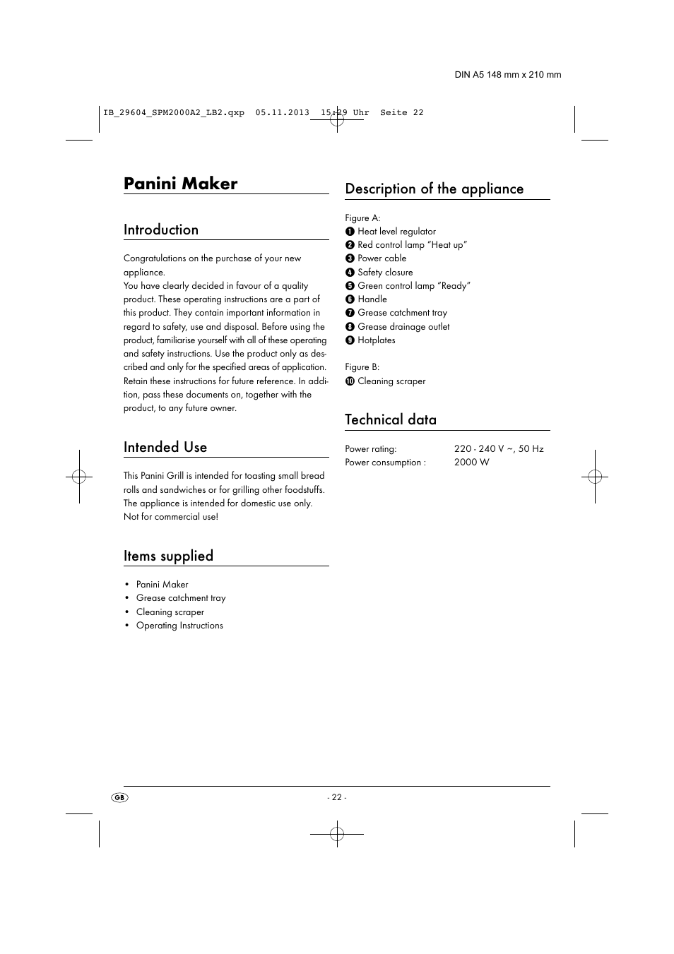 Panini maker, Introduction, Intended use | Items supplied, Description of the appliance, Technical data | Silvercrest SPM 2000 A2 User Manual | Page 25 / 32