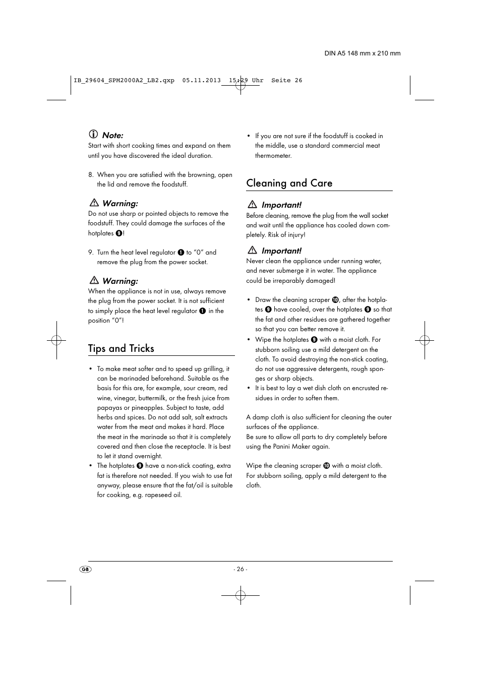 Tips and tricks, Cleaning and care, Warning | Important | Silvercrest SPM 2000 A2 User Manual | Page 29 / 32