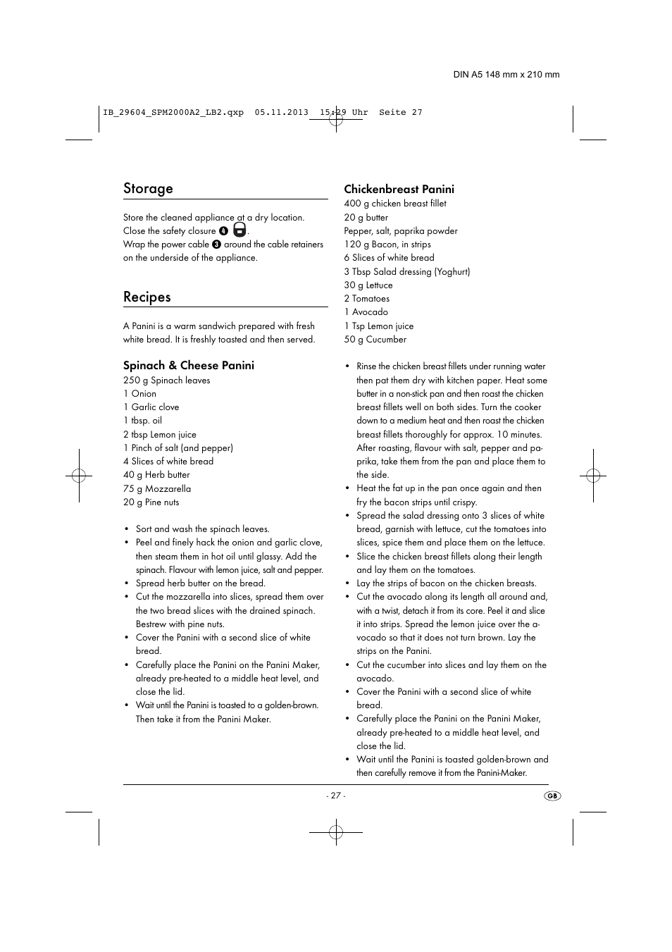 Storage, Recipes, Spinach & cheese panini | Chickenbreast panini | Silvercrest SPM 2000 A2 User Manual | Page 30 / 32