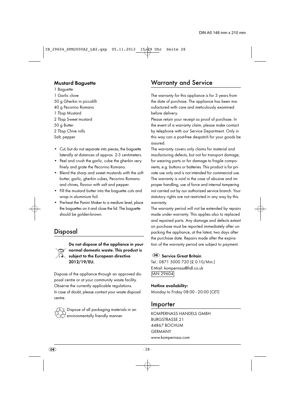 Disposal, Warranty and service, Importer | Mustard baguette | Silvercrest SPM 2000 A2 User Manual | Page 31 / 32