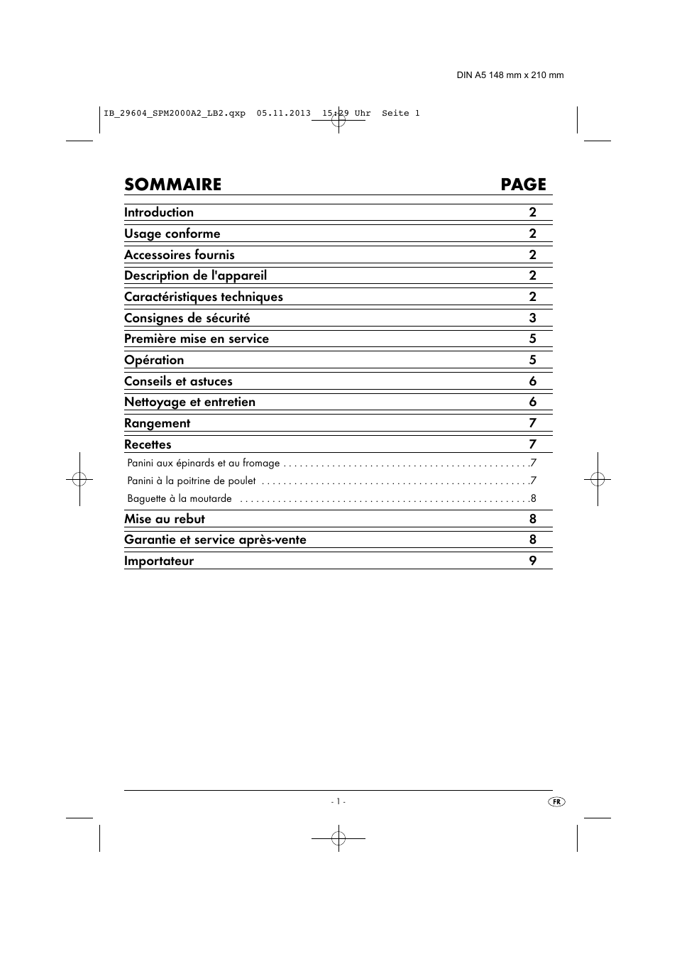 Sommaire page | Silvercrest SPM 2000 A2 User Manual | Page 4 / 32