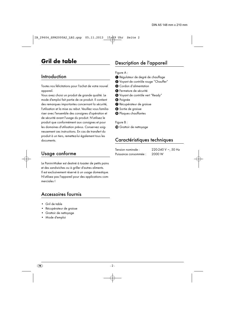 Gril de table, Introduction, Usage conforme | Accessoires fournis, Description de l'appareil, Caractéristiques techniques | Silvercrest SPM 2000 A2 User Manual | Page 5 / 32