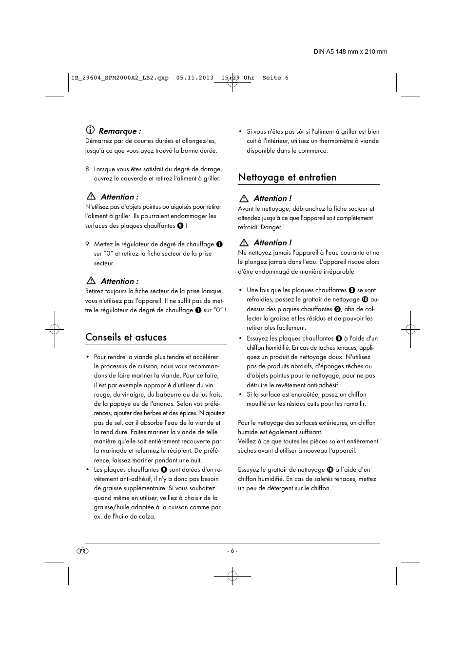 Conseils et astuces, Nettoyage et entretien, Remarque | Attention | Silvercrest SPM 2000 A2 User Manual | Page 9 / 32